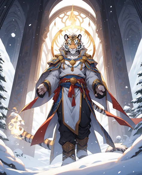 Alone，White body，White ears，White hair，Holy Light Cangya Tiger，He has flawless snow-white fur，The limbs are slender and powerful...