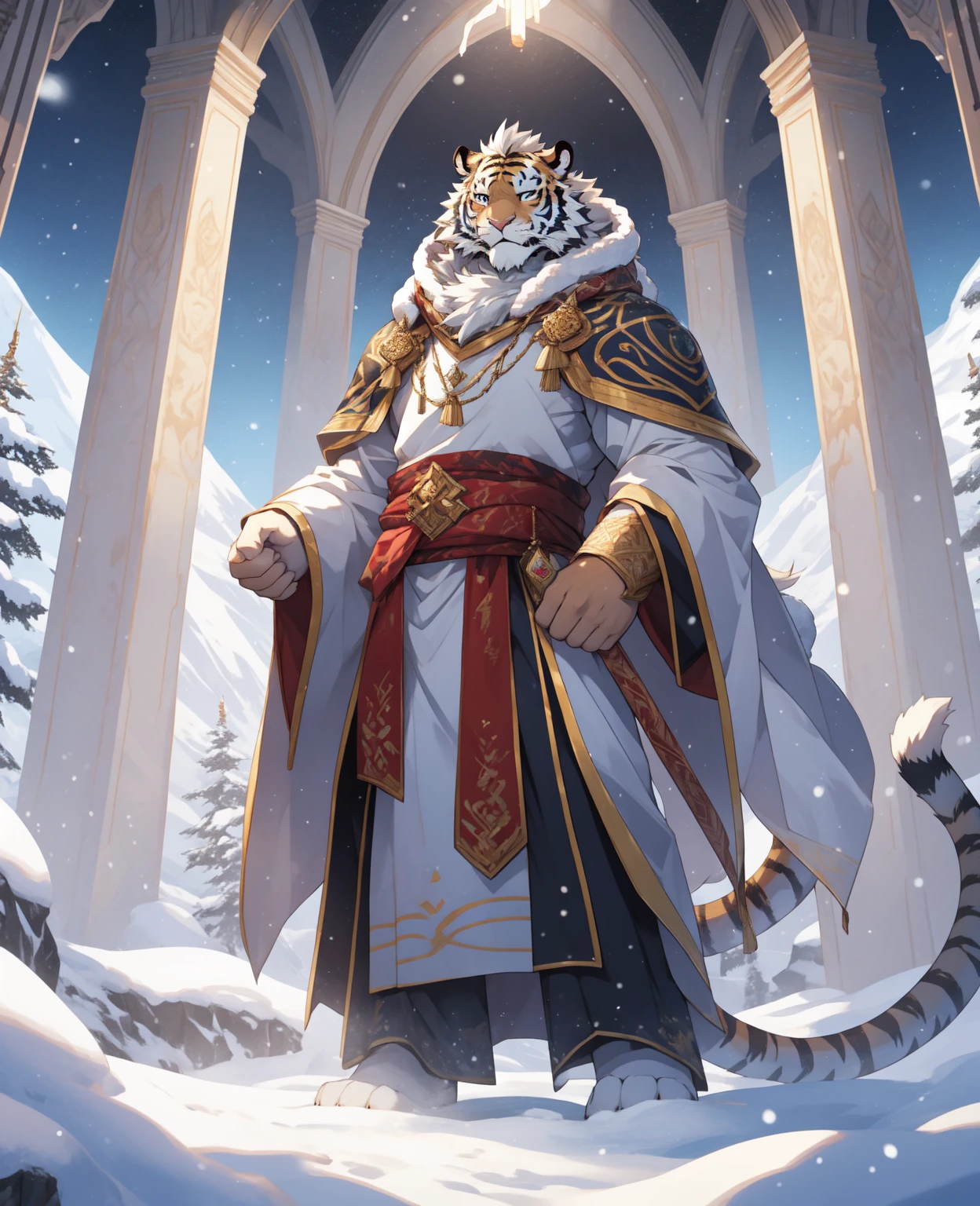 Alone，White body，White ears，White hair，Holy Light Cangya Tiger，He has flawless snow-white fur，The limbs are slender and powerful，The tail is decorated with golden flame patterns，young，Ultra-clear screen，Soft lines， Perfect lighting, Light Particles,(best quality),(masterpiece),(Extremely detailed),Clear focus,Light Particles, Detailed snow mountain background