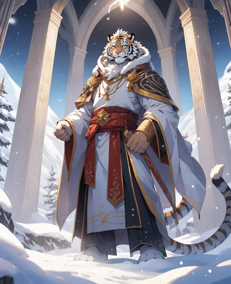 Alone，White body，White ears，White hair，Holy Light Cangya Tiger，He has flawless snow-white fur，The limbs are slender and powerful...