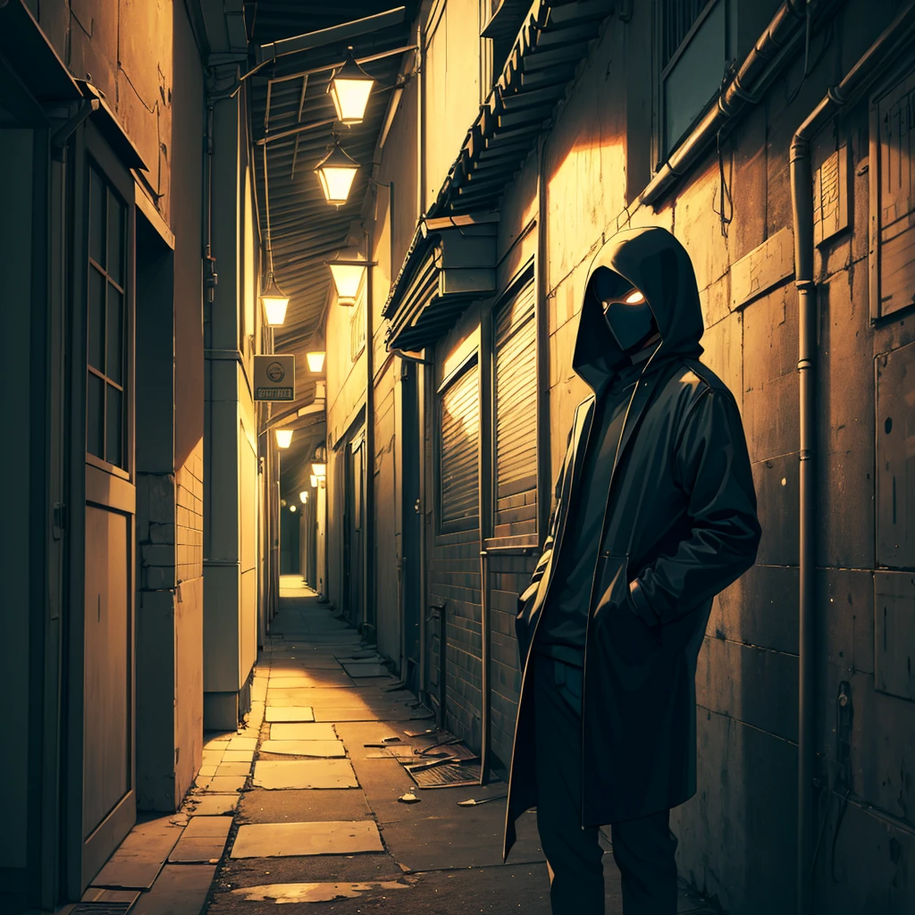 Remnants of memories, man in mask, night, dark alley