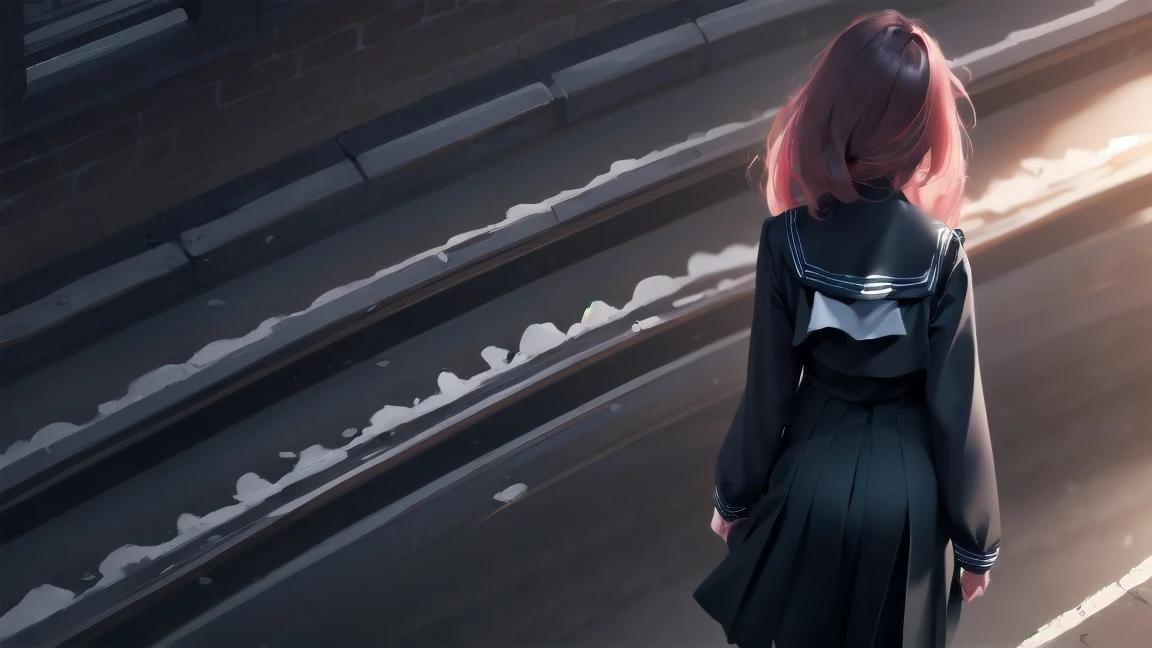 Highest quality, ultra realistic moe anime art style, realistic pain and weight, mocking, highly obscure and dark composition theme, best 8K anime wallpaper Kona-chan, Pixiv contest winners, perfect anatomy, (please draw a girl walking sleepily to school), break, 1 girl, (alone at night, 1: 1.9 with a gloomy adult face), high school student, short hair, quantity, (hair above one eye: 1.7), frown, all limbs, full finger, medium breasts, between legs, small eyes, precise black eyes, hair clip, (sailor costume: 1.5), (school uniform: 1.5) skirt near the knee. Interval, super detailed, high resolution, super dense skin, professional lighting, 8K eye details, (cute illustration: 1.2), dark, dark hair, expressionless, (hair over one eye: 1.5), sailor uniform, she was sleepy and walking in a dark alley in Japan, lifeless and dark place, everything gray