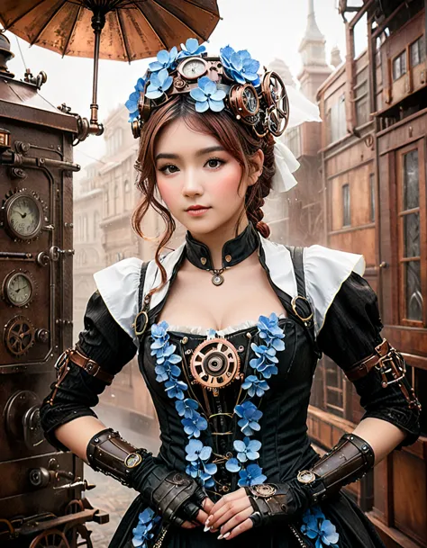 dynamic angle, (close up face), steampunk hydrangea girl paints a beautiful world where machinery and nature harmonize. the girl...