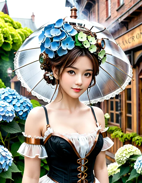 dynamic angle, (close up face), (hydrangea garden:1.4), a lot of flowers, smile, steampunk hydrangea girl paints a beautiful wor...