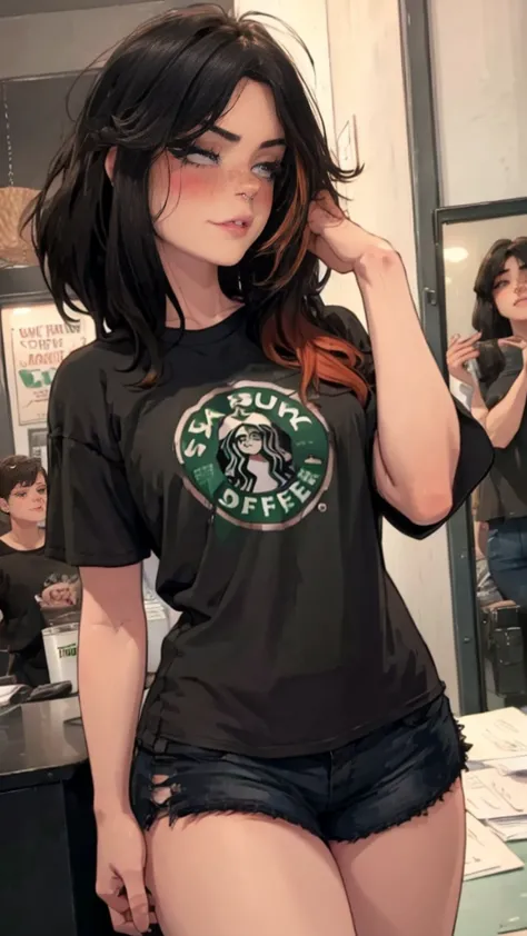 A beautiful woman, detailed eyes, Messy dark hair, during, He is wearing an oversized black t-shirt, some shorts, Starbucks, fro...