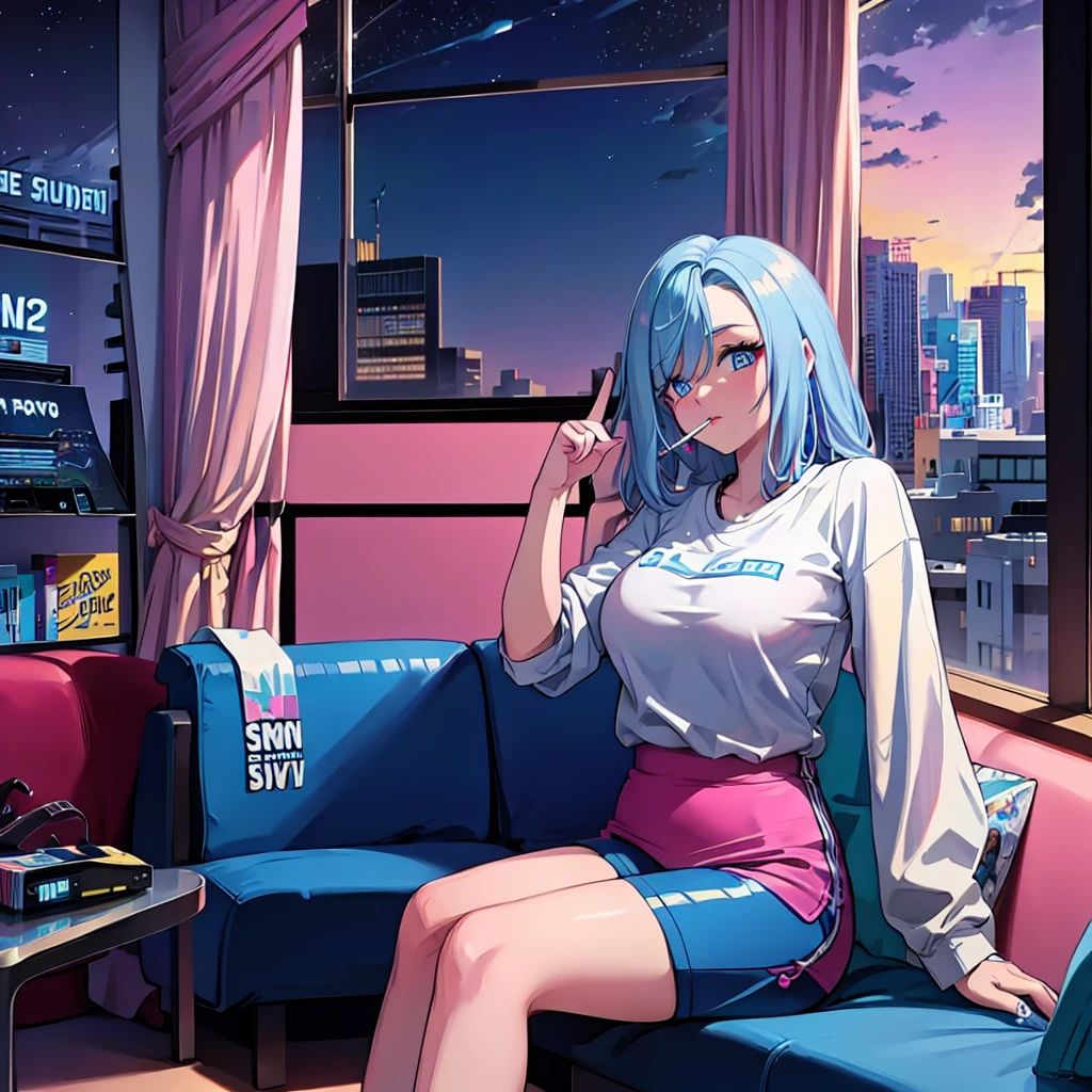 (masterpiece), Highest quality, Expressive eyes, Neon pastel aesthetics, Retro 90s, Neon color,((Girl sitting on sofa,Smoking a cigarette,Records hanging on her wall, Comic books on the floor, Looking out the window behind her at the night city, Upholstered room, Anime figures lined up on a shelf)), Wearing headphones, (All around her it sparkles), (wearing thick colorful sneakers), (blue eyes), (Soft look), (Synthwave Art Style), Colorful Hair, Desk with PC set up