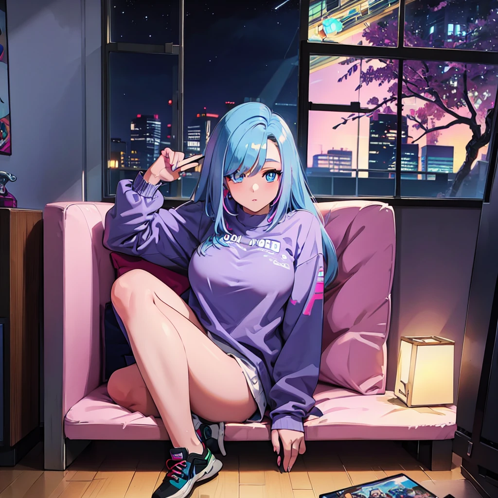 (masterpiece), Highest quality, Expressive eyes, Neon pastel aesthetics, Retro 90s, Neon color,((Girl sitting on sofa,Smoking a cigarette,Records hanging on her wall, Comic books on the floor, Looking out the window behind her at the night city, Upholstered room, Anime figures lined up on a shelf)), Wearing headphones, (All around her it sparkles), (wearing thick colorful sneakers), (blue eyes), (Soft look), (Synthwave Art Style), Colorful Hair, Desk with PC set up