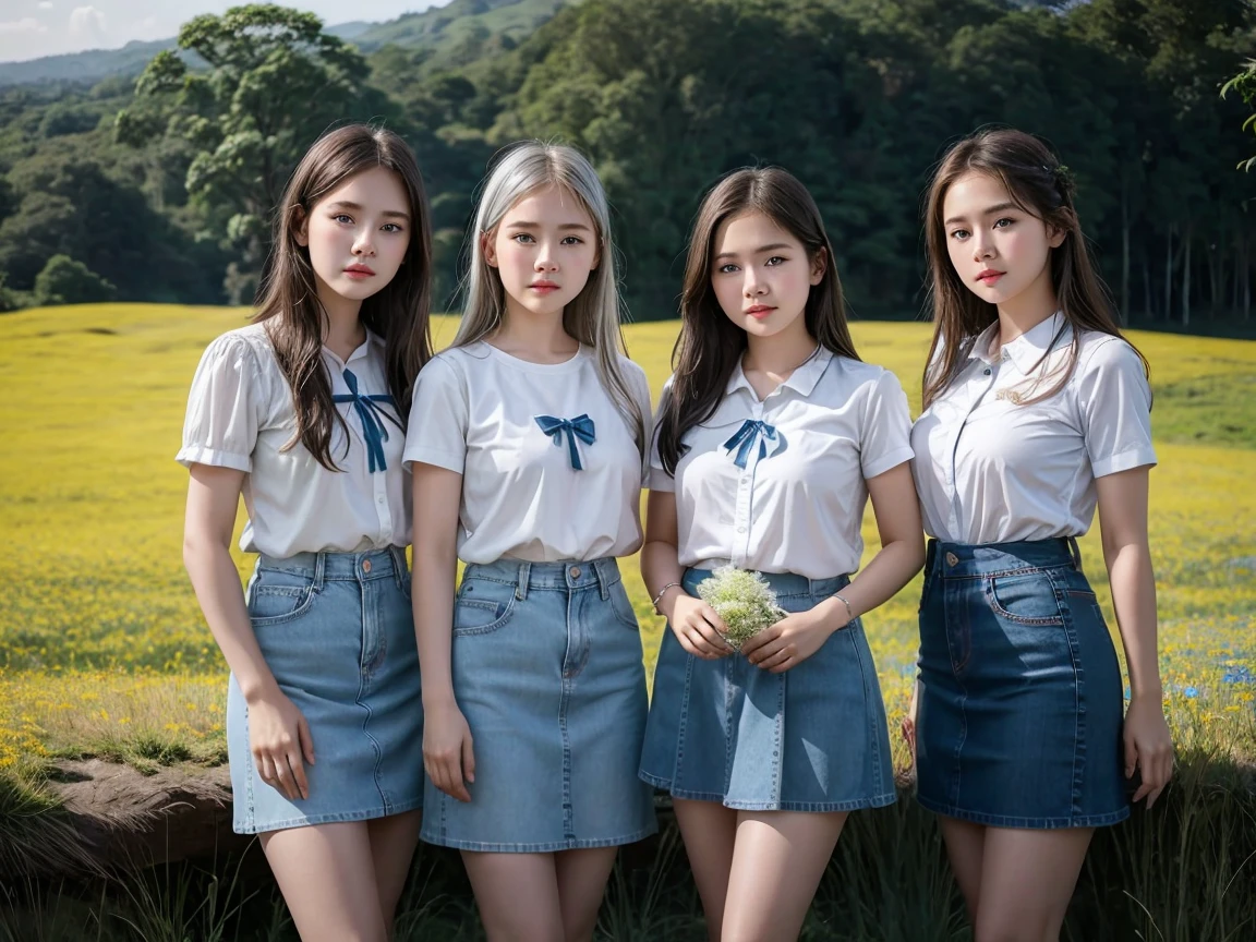 (4 filles), Visage de bébé indonésien, 12 ans, peau blanche, poitrine ronde, yeux bleus, prairie, cheveux argentés, 8k, Les détails sont très réalistes...., Le meilleur de la photographie Portez une jupe en jean.... 