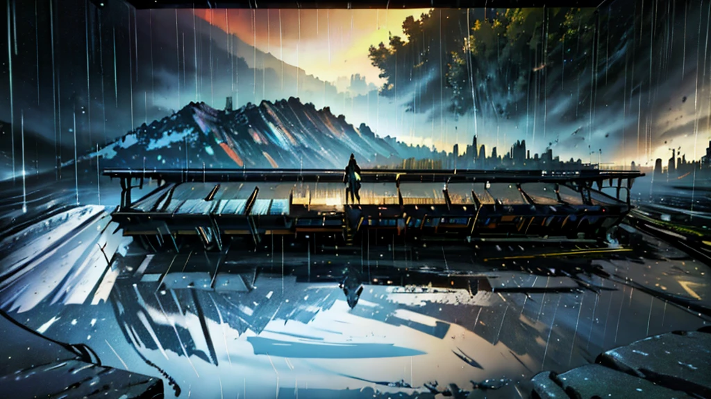 rain　Fantastic landscape　16K, uhd, award winning, highest quality, ultra-high definition, Realistic, masterpiece, Photorealism, fantastic, digital art, artgerm, trending on artstation, uninhabited, concept art, exaggerated artistic expression, ccurate, cinematic unrealistic style concept art, highly detailed, anatomically correct, super detail, textured skin, The size of the artifact is a realistic size balance compared to other objects around it,
