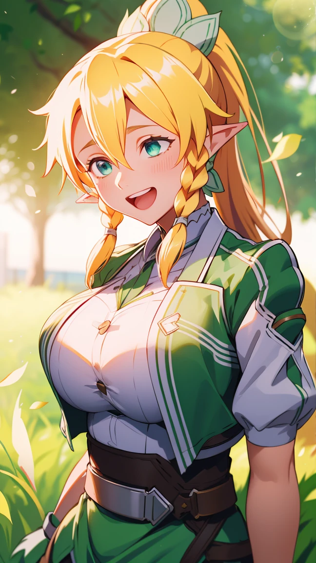 (((leafa))), blonde hair, long hair, green eyes, pointy ears,twin braids, hair between eyes,ponytail, very long hair,side braid, 
BREAK (labcoat, shirt, green skirt, belt:1.2)
BREAK upper body, (huge Laughing:1.1), (open mouth:1.1), closed eyes, sun glare, bokeh, depth of field, blurry background, light particles,
BREAK (masterpiece:1.2), best quality, high resolution, unity 8k wallpaper, (illustration:0.8), (beautiful detailed eyes:1.6), extremely detailed face, perfect lighting, extremely detailed CG, (perfect hands, perfect anatomy),