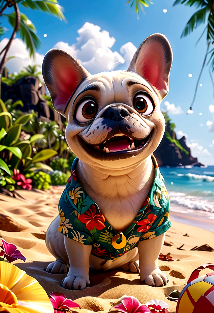 （Highest quality，4K，8K，High resolution，）Private beach in Hawaii at noon、Infinity symbol，3D Model，Colorful colors，Hawaii private beach background、pop、From the central viewer&#39;perspective、French Bulldog iidsummer Style Aloha Shirt Fashion Style，To the beach、face、Under the chin、Stomach、head、feet、ear、all、Light grey skinned French bulldog、Very delicate