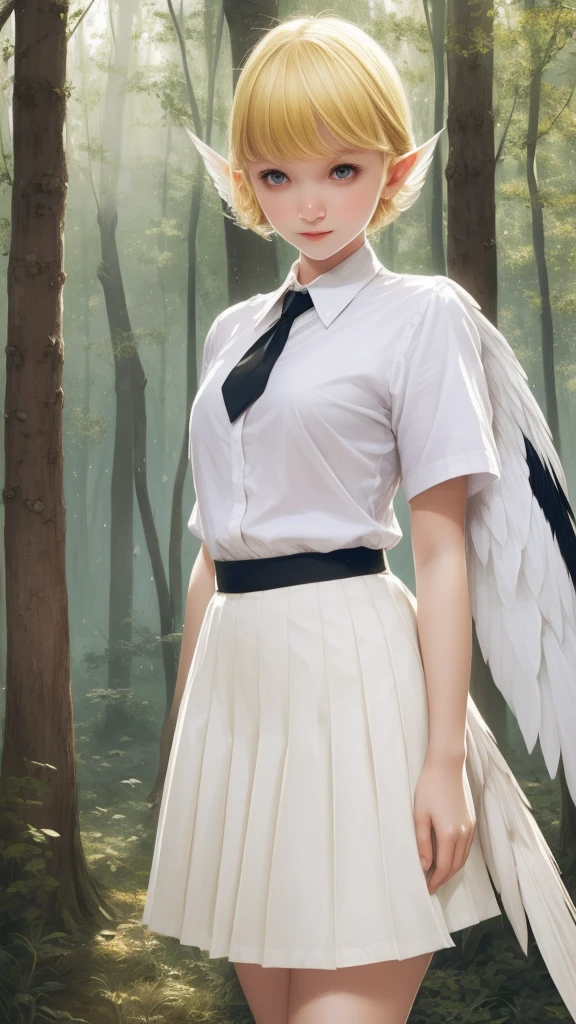 1 chica,20 años,Feliz,Camisa blanca,corbata estándar negra,mangas cortas,falda escolar blanca,cabello corto,pelo rubio,orejas puntiagudas,((arpía,arpía wings)),ilustración,bosque