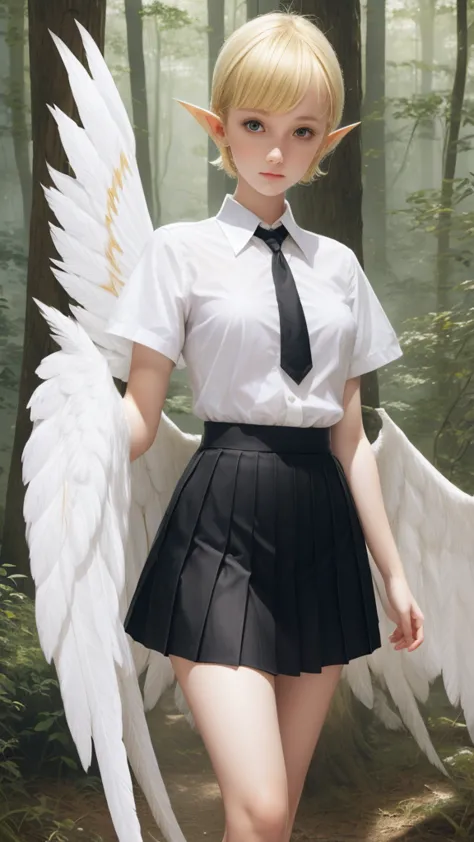 1girl,20s,happy,white shirt,black standard tie,short sleeves,white school skirt,short hair,blonde hair,pointy ears,((harpy,harpy...