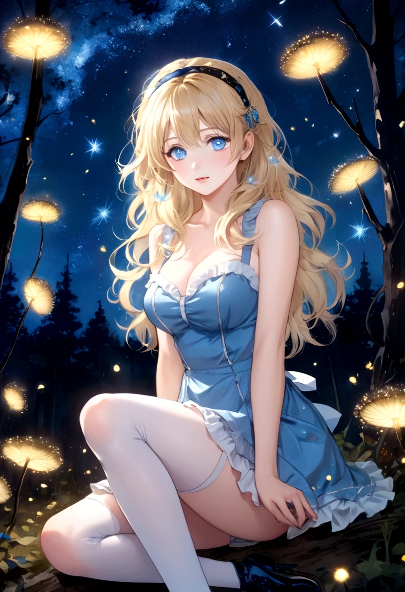 Grande femme anime blonde aux cheveux en désordre avec bandeau, yeux bleu pâle, portant une robe courte bleue sans manches, clivage, bas blancs et petites chaussures noires, assis dans les bois à côté d&#39;un champignon lumineux entouré de lucioles sous le ciel étoilé 