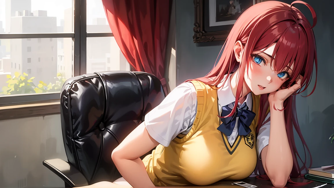 1girl,rias gremory,red hair, ahoge, blue eyes, large breasts ,
BREAK (otonokizaka , pleated skirt, , short sleeves, skirt, summer uniform, sweater vest, yellow sweater vest,:1.2)
BREAK  sitting in an office chair, on a desk,
BREAK (masterpiece:1.2), best quality, high resolution, unity 8k wallpaper, (illustration:0.8), (beautiful detailed eyes:1.6), extremely detailed face, perfect lighting, extremely detailed CG, (perfect hands, perfect anatomy),