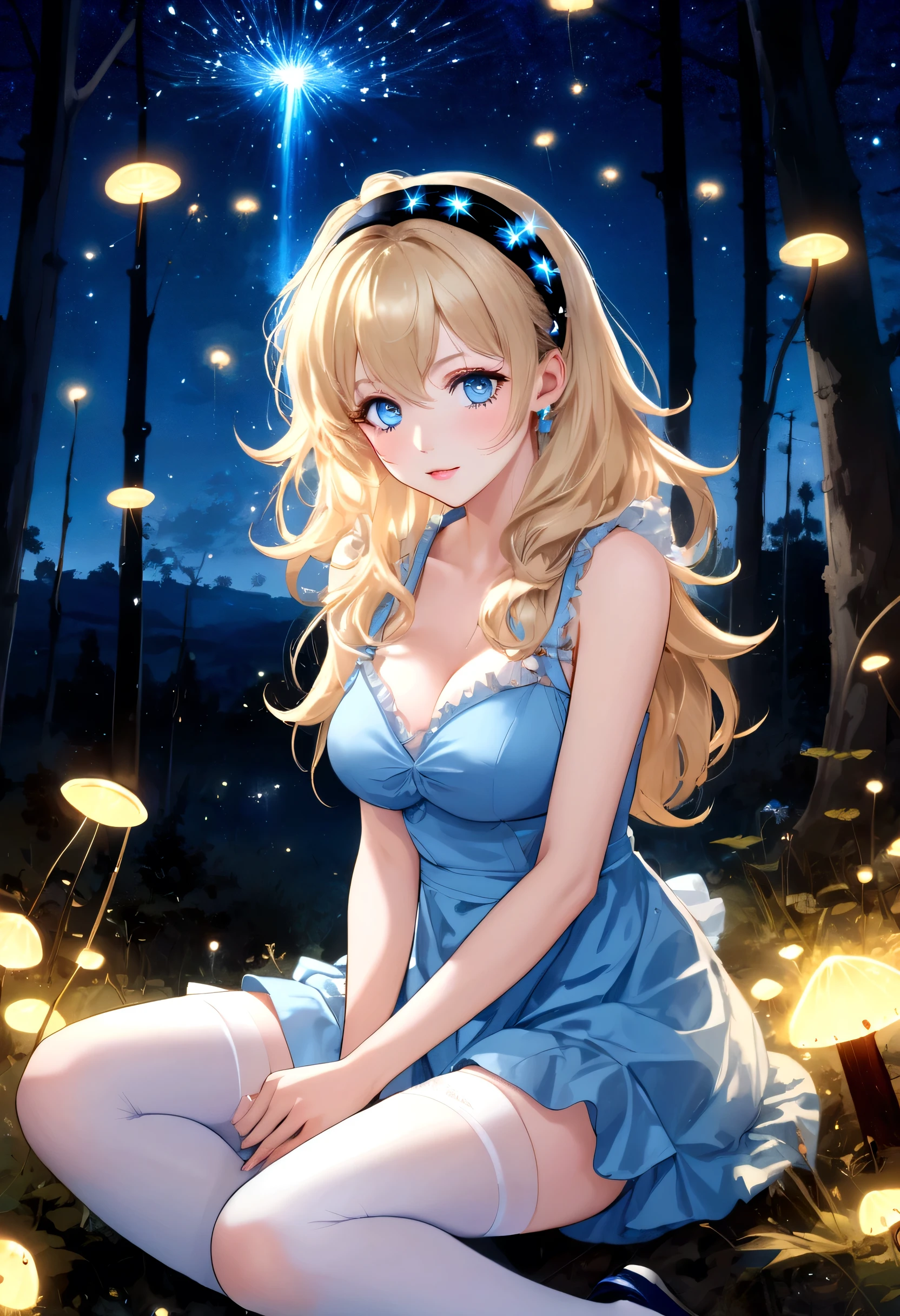 Große blonde Anime-Frau mit zerzaustem Haar und Haarband, blassblaue Augen, trägt ein kurzes blaues Kleid ohne Ärmel, Dekollete, weiße Strümpfe und kleine schwarze Schuhe, Sitzen im Wald neben leuchtenden Pilzen, umgeben von Glühwürmchen unter dem sternenklaren Nachthimmel 