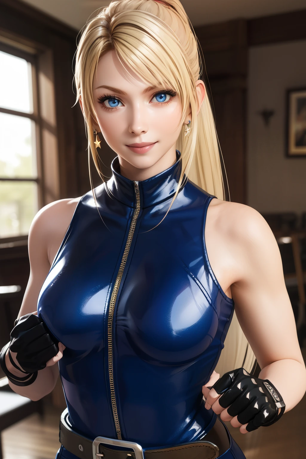 Sarah, blue eyes, very long hair, (shiny skin:1.2), (skinny girl:1.5), blonde hair, high ponytail, floating hair, bodysuit, Shoulders exposed, (arms exposed:1.2), (medium breasts:1.3), (pushed up breasts:0.4), (curvy figure:0.7), (hands behind back:1.4), (tight blue bodysuit:1.1), belt ,(sleeveless:1.6), zipper, boots, high heels, earrings, (short fingerless gloves:1.4), BREAK masterpiece, 1 girl, RAW photo, (best quality:1.2), extremely delicate beautiful, very detailed, 2k wallpaper, amazing, fine details, extremely detailed CG Unity 8k wallpaper, super detailed, high resolution, (beautiful detailed girl:1.2), perfect anatomy, (shiny clothes:0.6), (big smile expression:1.2), (upper body:1.4), (Realistic, Photorealistic:1.0), (thin nose:1.2), (breast focus:1.3), high nose bridge, (blue clothes:1.2)
