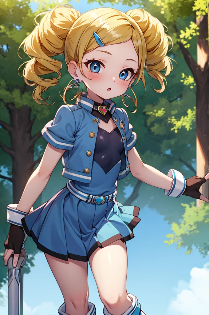 ppgzbb, blue eyes, Blonde, Twin Drill, Hair Clip, Earrings, Best, Blue leotard，Blue Skirt, Short skirt, boots, Are standing, forest 