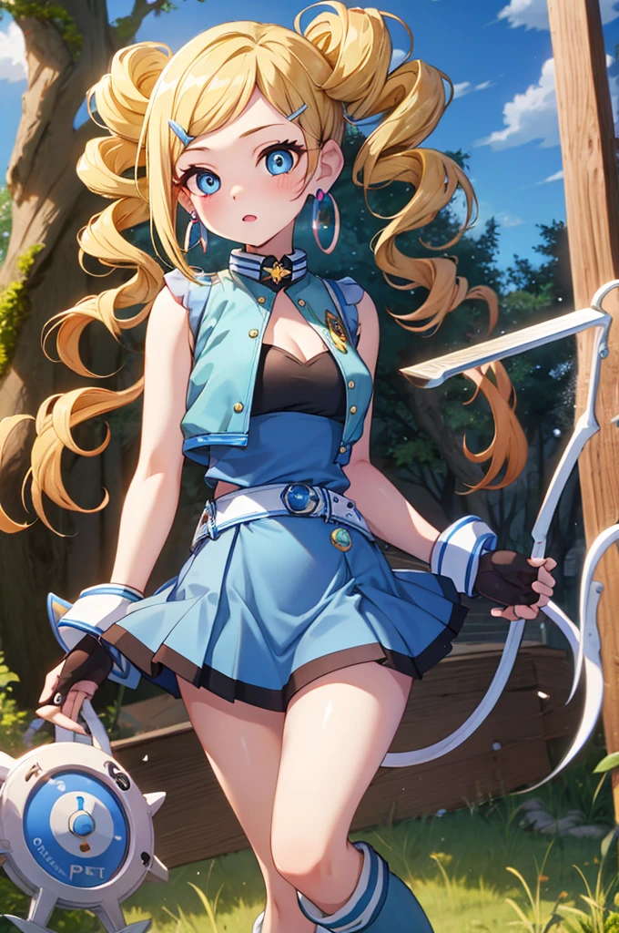 ppgzbb, blue eyes, Blonde, Twin Drill, Hair Clip, Earrings, Best, Blue leotard，Blue Skirt, Short skirt, boots, Are standing, forest 