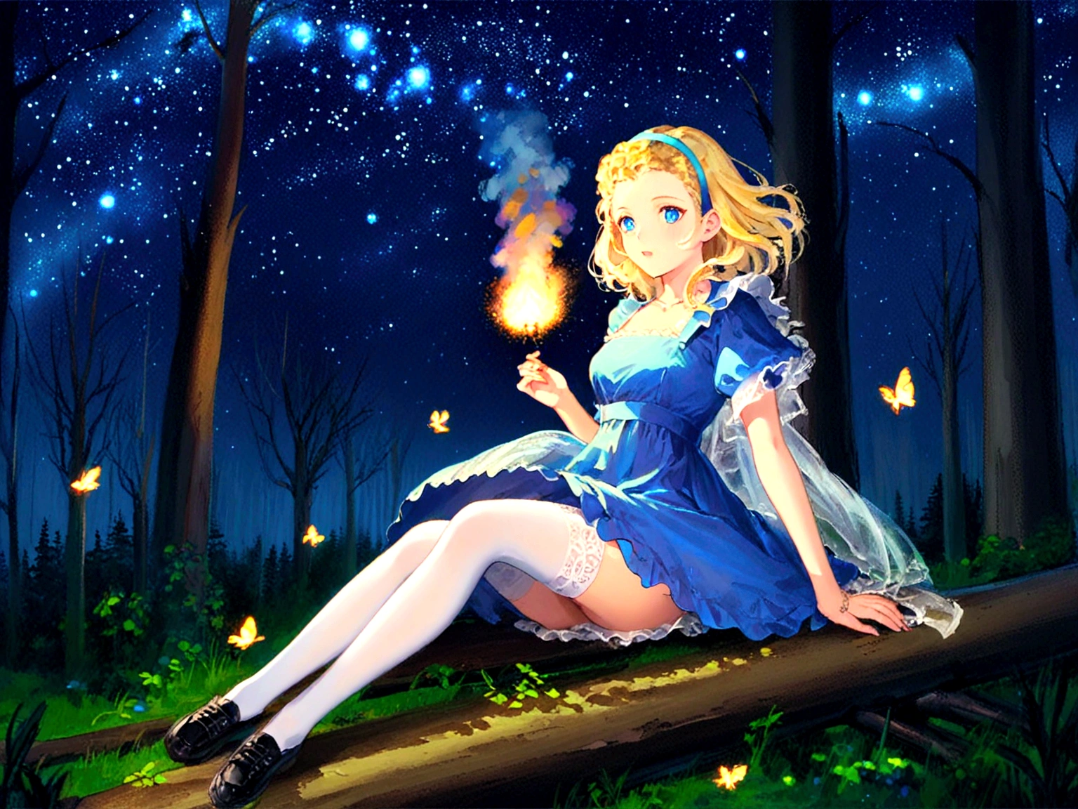 Große blonde Anime-Frau mit zerzaustem Haar und Haarband, blassblaue Augen, trägt ein blaues Kleid ohne Ärmel, weiße Strümpfe und kleine schwarze Schuhe, Sitzen im Wald neben leuchtenden Pilzen, umgeben von Glühwürmchen unter dem sternenklaren Nachthimmel 