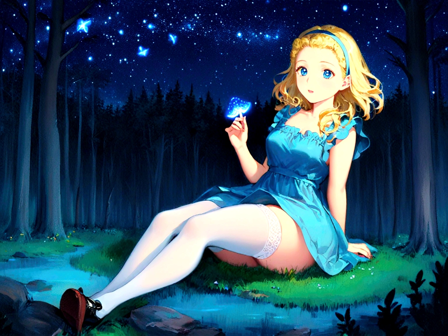 Große blonde Anime-Frau mit zerzaustem Haar und Haarband, blassblaue Augen, trägt ein blaues Kleid ohne Ärmel, weiße Strümpfe und kleine schwarze Schuhe, Sitzen im Wald neben leuchtenden Pilzen, umgeben von Glühwürmchen unter dem sternenklaren Nachthimmel 