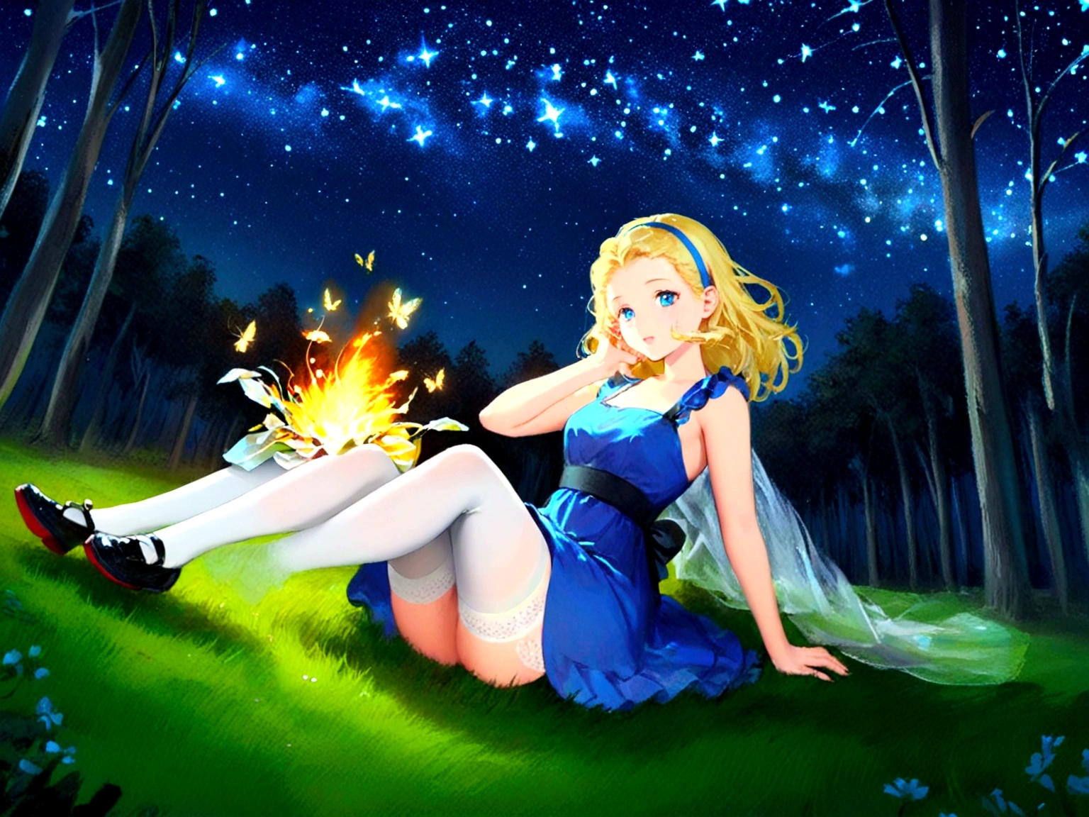 Gran mujer anime rubia de pelo desordenado con diadema, pale blue eyes, usando un vestido azul sin mangas, medias blancas y zapatitos negros, sentado en el bosque junto a un hongo brillante rodeado de luciérnagas bajo el cielo nocturno estrellado 