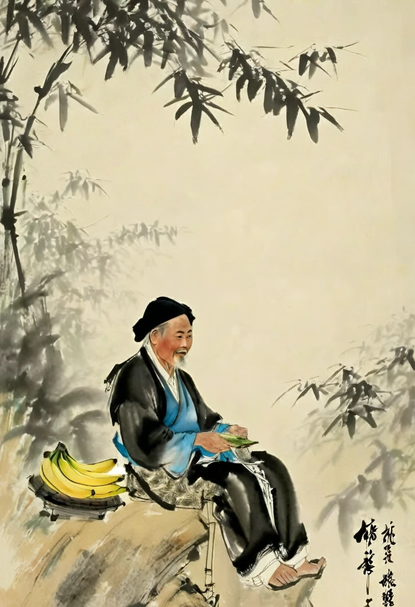 Photography，Pictorial works，Simplicity，Traditional Chinese Art，Beside the bamboo forest，A tall stone，There is a deck chair on the stone，An old man in Chinese clothes，sit on the chair，The old man holds a banana fan in his hand，The view is of a small house and faintly visible trees.