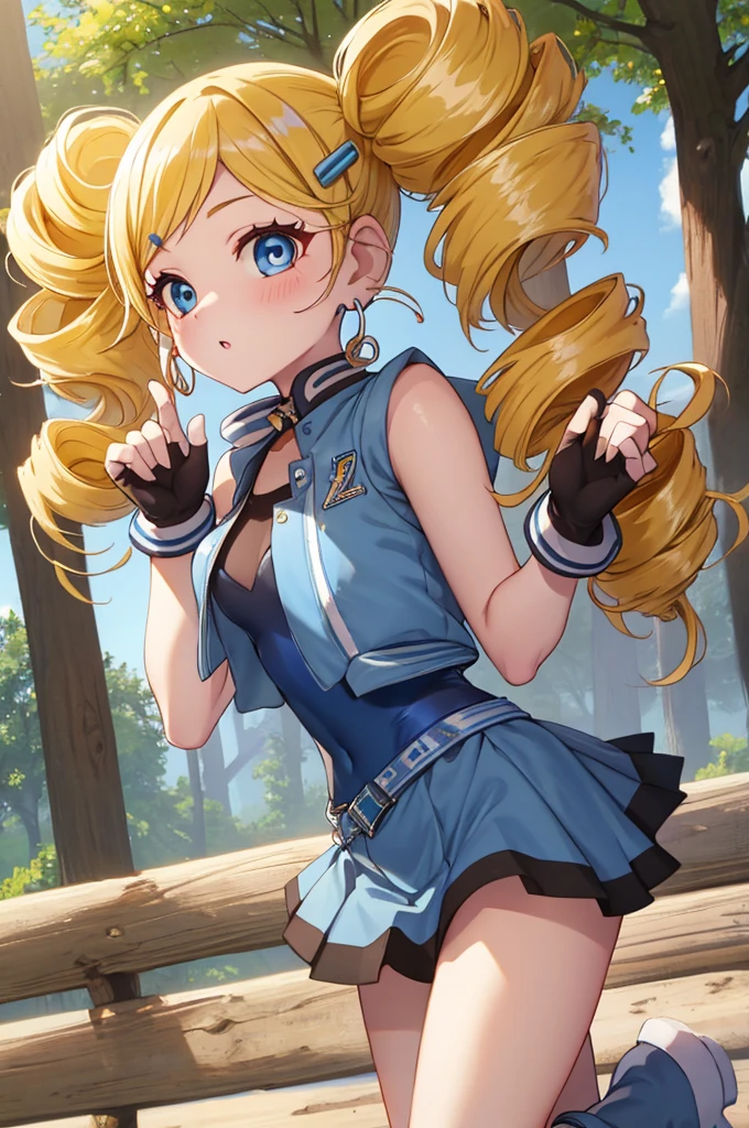 ppgzbb, blue eyes, Blonde, Twin Drill, Hair Clip, Earrings, Best, Blue leotard, Short skirt, boots, Are standing, forest 