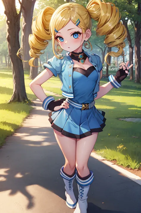 ppgzbb, blue eyes, blonde, twin drill, hair clip, earrings, best, blue leotard, short skirt, boots, are standing, forest