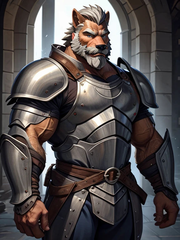 loup-garou poilu viril et costaud, dans une armure, un papa musclé himbo, dilf d&#39;âge moyen, hirsute, trop musclé et musclé, muscles veineux bombés, la construction d&#39;un guerrier, le physique d&#39;un bodybuilder, longue moustache touffue et épaisse, une mâchoire carrée, beau et rêveur, cheveux gris, un chevalier vêtu d&#39;une armure complète