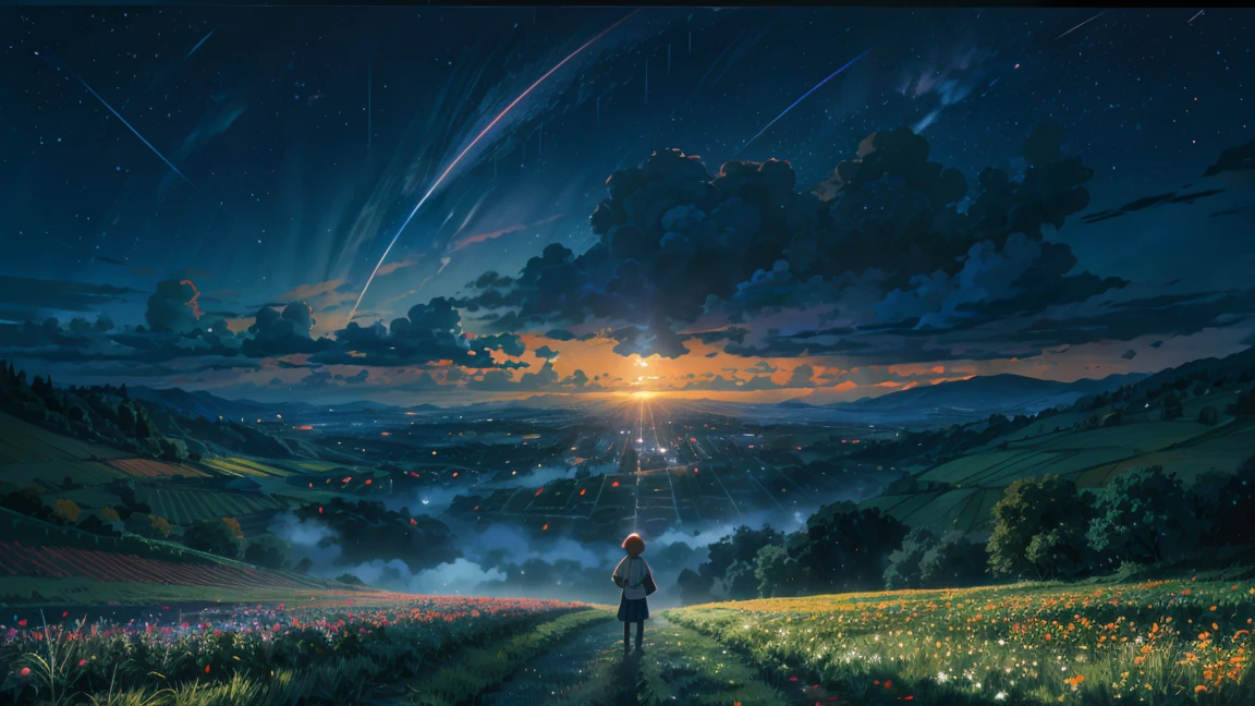 Wide view, Far view, rain, downpour, flowers field, bright night, aesthetics, skies full of stars, landscape, crescent, dark blue and bright orange colors, anime, Ghibli-like colours, cinematic lighting, wide shot, 16k, 8k, highres, best quality, high quality, award winning, super detail, ccurate, masterpiece, UHD