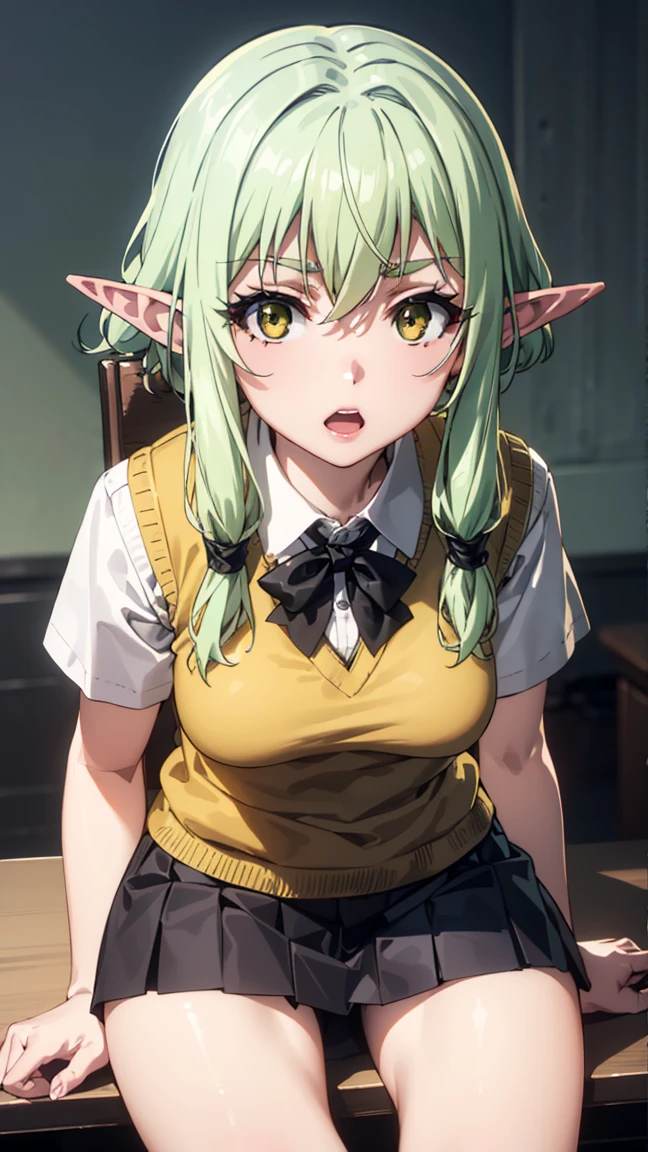 1girl, highelfarcher, high elf archer, elf, (green eyes:1.5), (green hair:1.2), hair between eyes, long hair, pointy ears, sidelocks,
BREAK (otonokizaka , pleated skirt, , short sleeves, skirt, summer uniform, sweater vest, yellow sweater vest,:1.2)
BREAK  sitting in an office chair, on a desk,
BREAK (masterpiece:1.2), best quality, high resolution, unity 8k wallpaper, (illustration:0.8), (beautiful detailed eyes:1.6), extremely detailed face, perfect lighting, extremely detailed CG, (perfect hands, perfect anatomy),