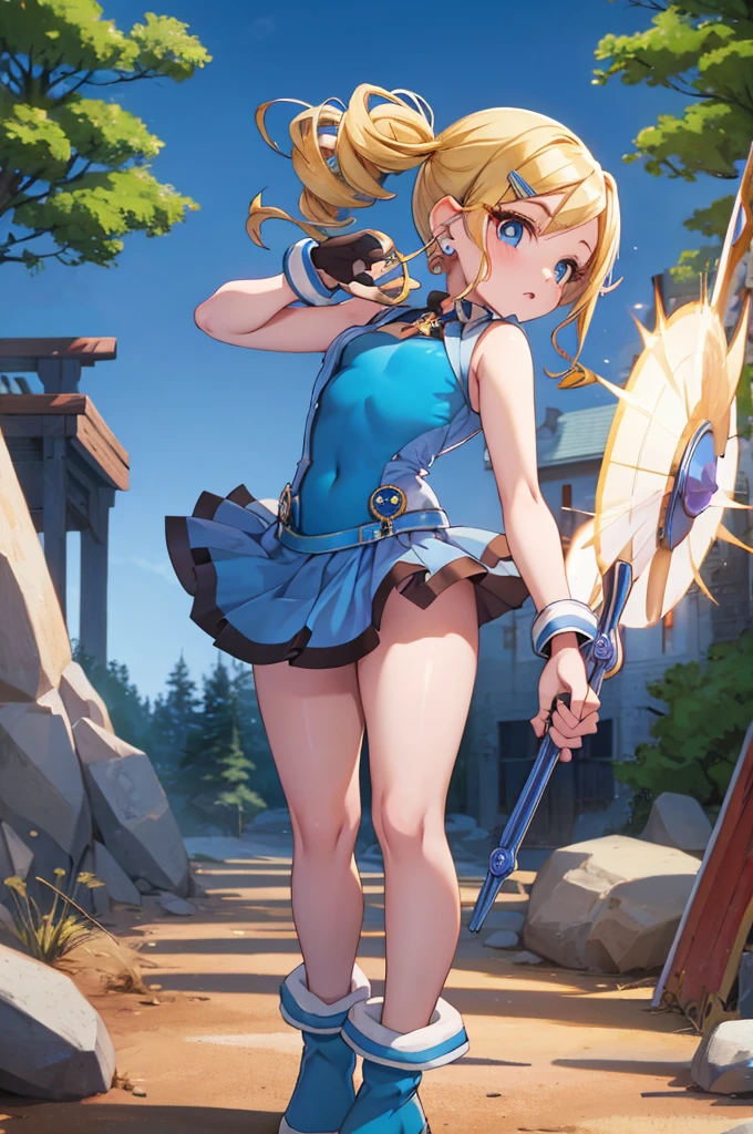 ppgzbb, blue eyes, Blonde, Twin Drill, Hair Clip, Earrings, Best, Blue leotard, Short skirt, boots, Are standing, forest 