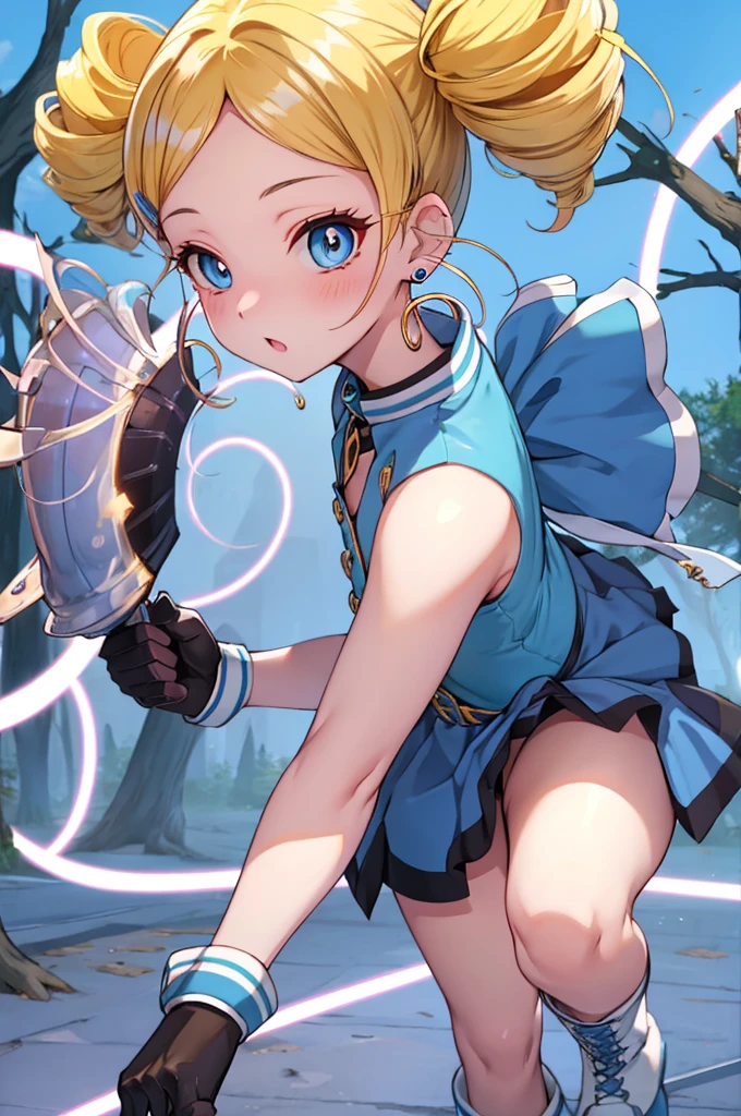 ppgzbb, blue eyes, Blonde, Twin Drill, Hair Clip, Earrings, Best, Blue leotard, Short skirt, boots, Are standing, forest 