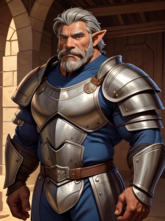 burly virile hairy elf, in a suit of armor, a himbo muscle daddy, middle-aged dilf, hirsute, overmuscular and musclebound, bulging veiny muscles, a warrior's build, a bodybuilder's physique, long bushy and a thick mustache, a square jaw, handsome and dreamy, grey hair, a knight clad in full armor