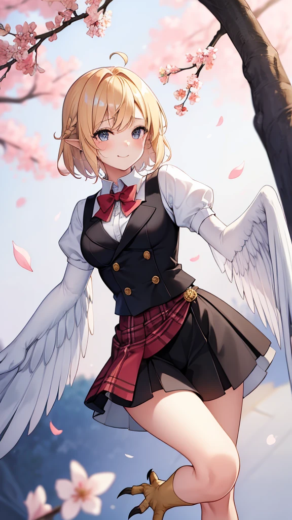 1girl,20s,happy,white shirt,black standard tie,short sleeves,white school skirt,short hair,blonde hair,pointy ears,((harpy,harpy wings)),cherry_blossoms((blurry)), blurry_foreground, depth_of_field, blurry_background, petals, smile, solo, spring_\(season\), branch, looking_at_viewer, blush, falling_petals, pink_flower, motion_blur, wind, outdoors, flower  