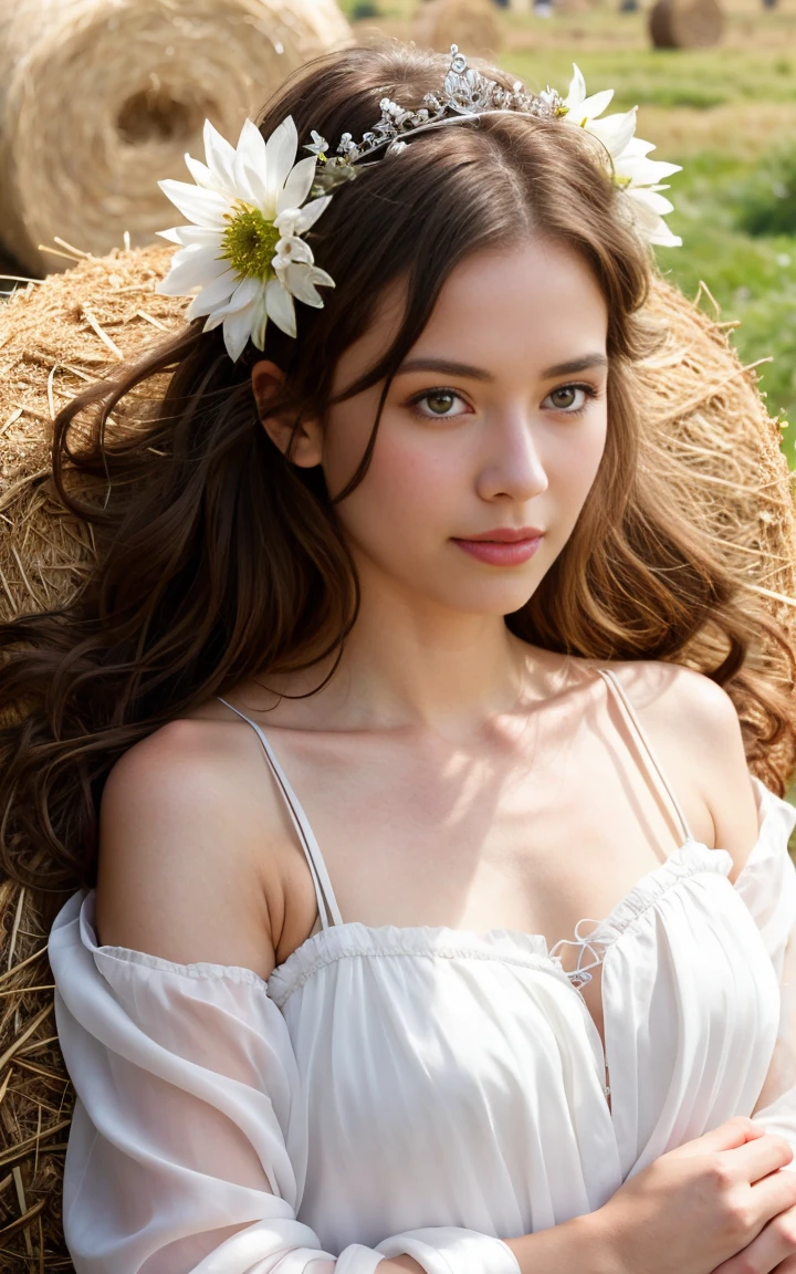 A scene from the movie "The Magic of", featuring an ethereal woman in her thirties, wearing white and silver silk with flowers woven into them on her head lying down, her eyes wide open looking at the camera, a soft smile upon her face, in medieval England. Her hair is long and brown, with a crown made out of wildflowers. The setting should be dark but warm, and she's surrounded by straw bales. The lighting highlights her features and creates shadows around her.