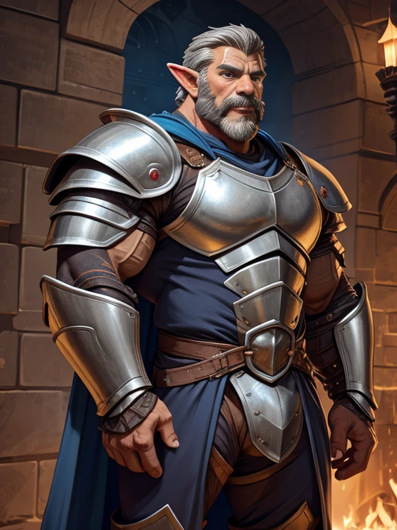 burly virile hairy elf, in a suit of armor, a himbo muscle daddy, middle-aged dilf, hirsute, overmuscular and musclebound, bulging veiny muscles, a warrior's build, a bodybuilder's physique, long bushy and a thick mustache, a square jaw, handsome and dreamy, grey hair, a knight clad in full armor