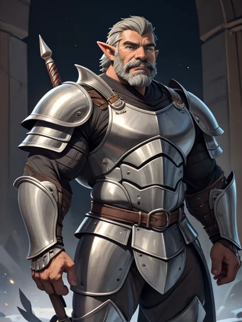 burly virile hairy elf, in a suit of armor, a himbo muscle daddy, middle-aged dilf, hirsute, overmuscular and musclebound, bulgi...