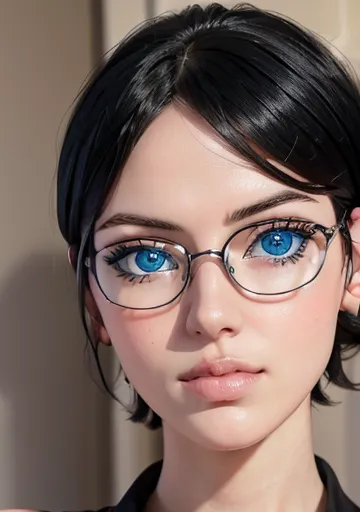 A perfect asymmetrical and detailed face, blue eyes ,black hair, beautiful full body portrait 1.2 esbelta Grandes guide ,glasses