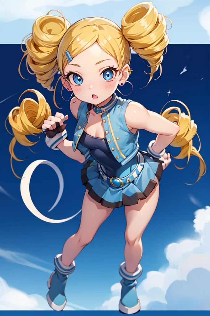 (full body),ppgzbb, blue eyes, Blonde, Twin Drill, Hair Clip, Earrings, Best, Blue mini skirt，Twisted by the wind，Blue leotard, Muscle man，boots, upright，Place hands on hips，Simple white background，