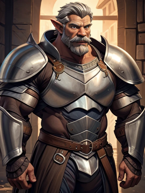 elfe poilu viril costaud, dans une armure, un papa musclé himbo, dilf d&#39;âge moyen, hirsute, trop musclé et musclé, muscles veineux bombés, la construction d&#39;un guerrier, le physique d&#39;un bodybuilder, longue moustache touffue et épaisse, une mâchoire carrée, beau et rêveur, cheveux gris, un chevalier vêtu d&#39;une armure complète