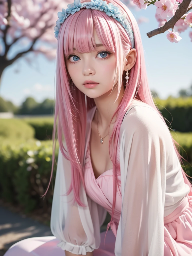 Elegant dress, A woman, (A beautiful woman, Proud female college student:1.3), 8k, best quality, masterpiece, Very detailed, Ultra-high resolution, Practical, RAW photos, Absolute resolution, Pink Hair, long hair, The face is small relative to the body, The face is so small, Pink Hair, Anime 2D Rendering, Practical Young Anime Schoolgirl, , ((White headband)), Proud eyes，Disdain，disgust，indifferent,High target, Eyes looking down, Blue eyes, Proud，blush，sitting under a cherry tree