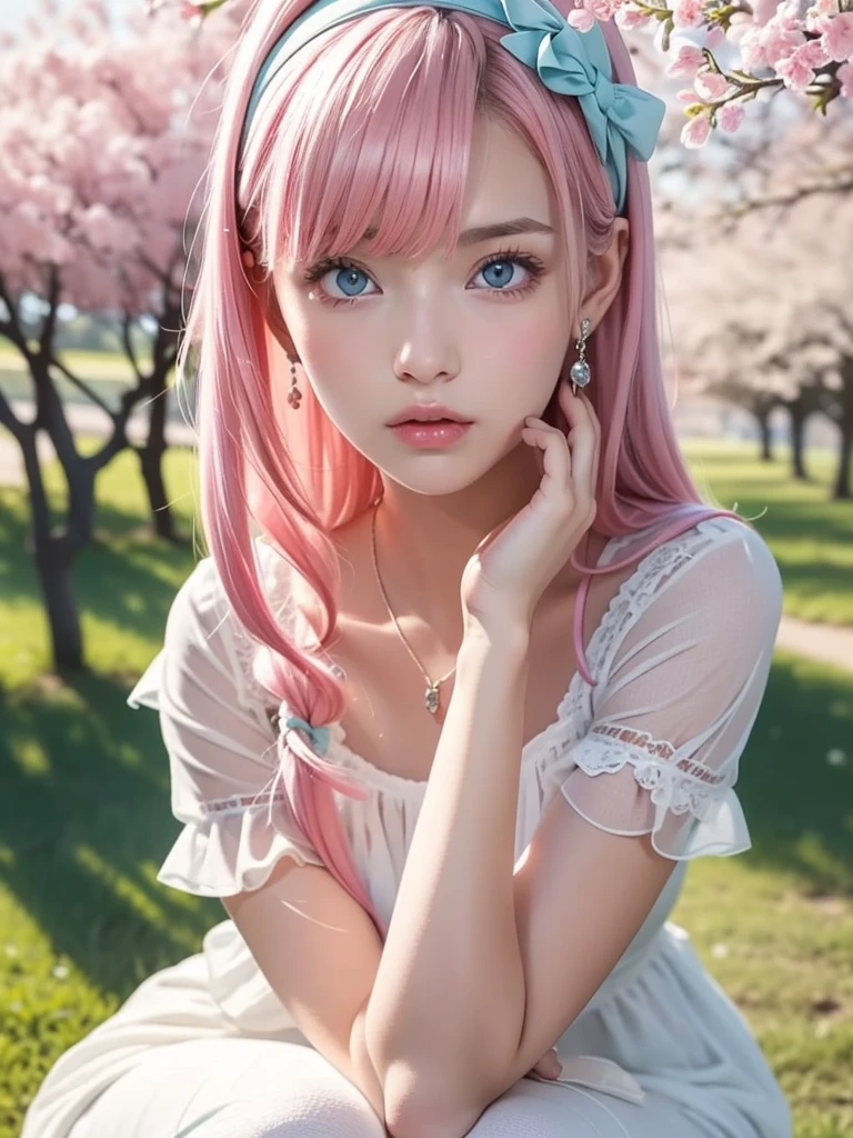 Elegant dress, A woman, (A beautiful woman, Proud female college student:1.3), 8k, best quality, masterpiece, Very detailed, Ultra-high resolution, Practical, RAW photos, Absolute resolution, Pink Hair, long hair, The face is small relative to the body, The face is so small, Pink Hair, Anime 2D Rendering, Practical Young Anime Schoolgirl, , ((White headband)), Proud eyes，Disdain，disgust，indifferent,High target, Eyes looking down, Blue eyes, Proud，blush，sitting under a cherry tree