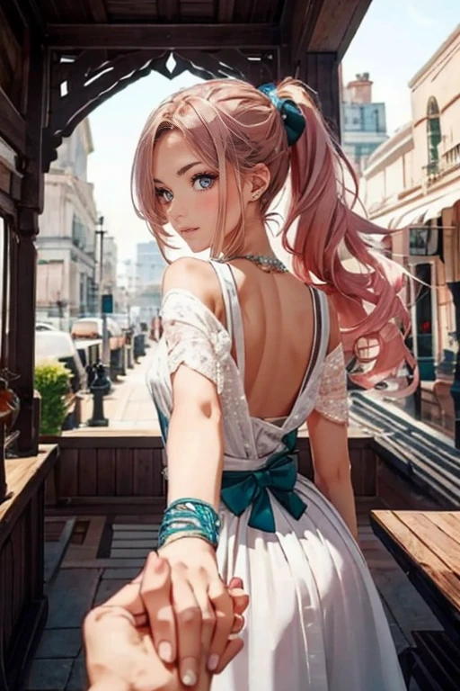 masterpiece, best quality, female, long_ponytail pink color hair, hair over one eye, back facing viewer, detailed beautiful eyes, detailed gorgeous face, perfect anatomy, very cute, dynamic pose, perfect shading, dramatic lighting, rendered in 8K resolution for high-quality detail, concept art, smooth, sharp focus, illustration, highly detailed, soft natural volumetric, cinematic perfect light, intricate details, PIXIV, krenzcushart, holding hands with viewer, bf_holding_hands,