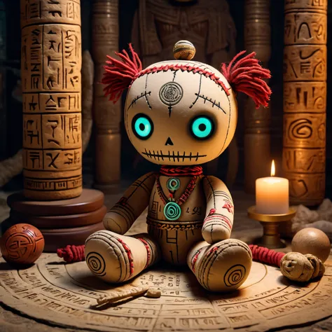 (knitted toy voodoo doll:1.6), (Voodoo Ancient Oracle:1.3), (clothes Ancient Greek chiton covered with runes:1.0), (Crystal ball...