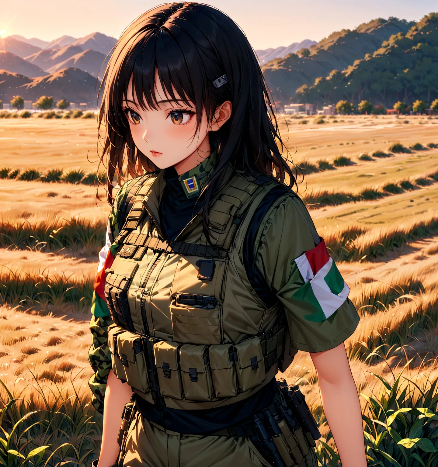 Asian woman with green tactical camouflage,light brown and pixelated lime green standing in a grass field in the evening light w...