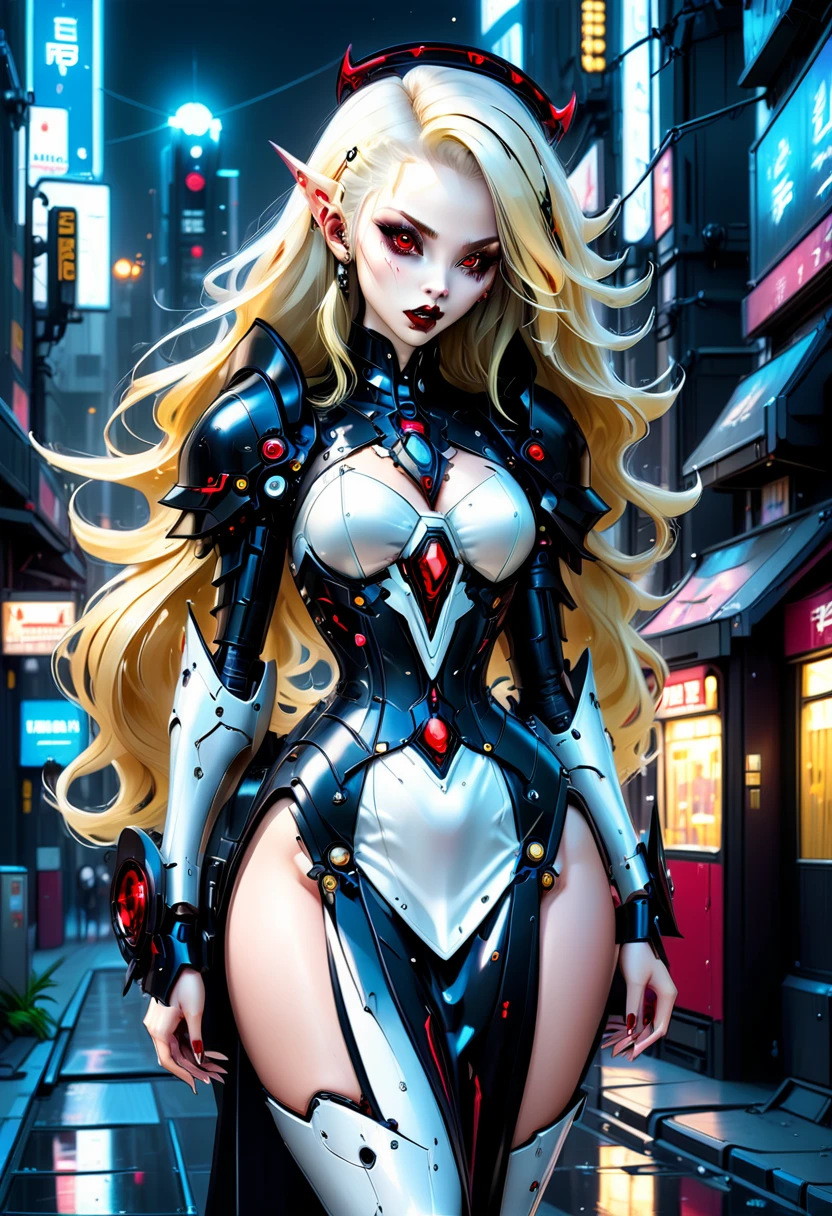 ((a photorealistic glamour shot of an exquisite, glamour mecha female vampire: 1.5)), ((full body: 1.3)), ultra feminine, pale face, golden hair, long vibrant shiny hair, glamorous hair,  red eyes, miniatures mechanical , deep penetrating eyes, red lips, lustful lips, ((two visible vampiric fangs: 1.5), drops of blood dripping from the mouth, ((cyberpunk style: 1.5)), she wears (white elegant glamour dress, with small delicate mechanical parts: 1.4), digital parts,  intricate details, the dress is studded with diamonds, tight suit, dynamic color, high heels, cyberpunk street at night background, (highest quality:1.2, Very detailed, up to date, Vibrant, Ultra-high resolution, High Contrast, masterpiece:1.2, highest quality, Best aesthetics), best details, best quality, highres, ultra wide angle, 16k, [ultra detailed], masterpiece, best quality, (extremely detailed), Genetically modified..., Cinematic Hollywood Film, nijimecha, aetherpunkai