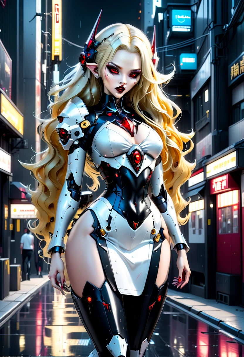 ((a photorealistic glamour shot of an exquisite, glamour mecha female vampire: 1.5)), ((full body: 1.3)), ultra feminine, pale face, golden hair, long vibrant shiny hair, glamorous hair,  red eyes, miniatures mechanical , deep penetrating eyes, red lips, lustful lips, ((two visible vampiric fangs: 1.5), drops of blood dripping from the mouth, ((cyberpunk style: 1.5)), she wears (white elegant glamour dress, with small delicate mechanical parts: 1.4), digital parts,  intricate details, the dress is studded with diamonds, tight suit, dynamic color, high heels, cyberpunk street at night background, (highest quality:1.2, Very detailed, up to date, Vibrant, Ultra-high resolution, High Contrast, masterpiece:1.2, highest quality, Best aesthetics), best details, best quality, highres, ultra wide angle, 16k, [ultra detailed], masterpiece, best quality, (extremely detailed), Genetically modified..., Cinematic Hollywood Film, nijimecha, aetherpunkai