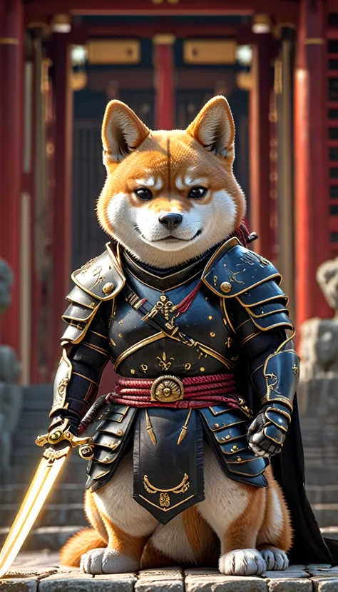 close-up shot of a shiba inu, shiba inu samurai,whole body, equipped with a japanese sword wrapped in black lightning, wearing s...