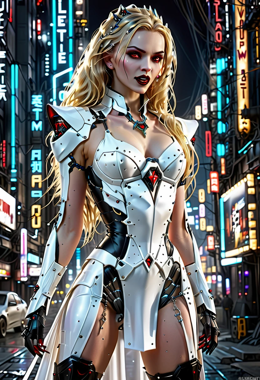 ((a photorealistic glamour shot of an exquisite, glamour mecha female vampire: 1.5)), ((full body: 1.3)), ultra feminine, pale face, golden hair, long vibrant shiny hair, glamorous hair,  red eyes, miniatures mechanical , deep penetrating eyes, red lips, lustful lips, ((two visible vampiric fangs: 1.5), drops of blood dripping from the mouth, ((cyberpunk style: 1.5)), she wears (white elegant glamour dress, with small delicate mechanical parts: 1.4), digital parts,  intricate details, the dress is studded with diamonds, tight suit, dynamic color, high heels, cyberpunk street at night background, (highest quality:1.2, Very detailed, up to date, Vibrant, Ultra-high resolution, High Contrast, masterpiece:1.2, highest quality, Best aesthetics), best details, best quality, highres, ultra wide angle, 16k, [ultra detailed], masterpiece, best quality, (extremely detailed), Genetically modified..., Cinematic Hollywood Film, nijimecha, aetherpunkai